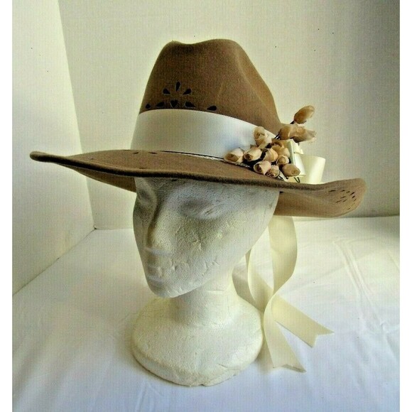 Vtg Brown Wool Nancy Hughes Hat Co Hat Satin Ribbon Bow Roses Lazer Cut 6 3/4 - Picture 1 of 9